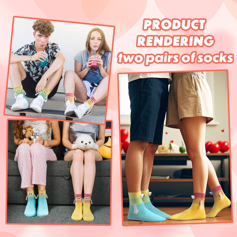 Habbiful 2 Pairs Holding Hands Socks Magnetic Suction 3D Doll Couple Sock for Unisex Adults Funny Socks Gifts for Wedding Anniversary Day Lovers Coworkers Buddies Yellow Blue - Image 3